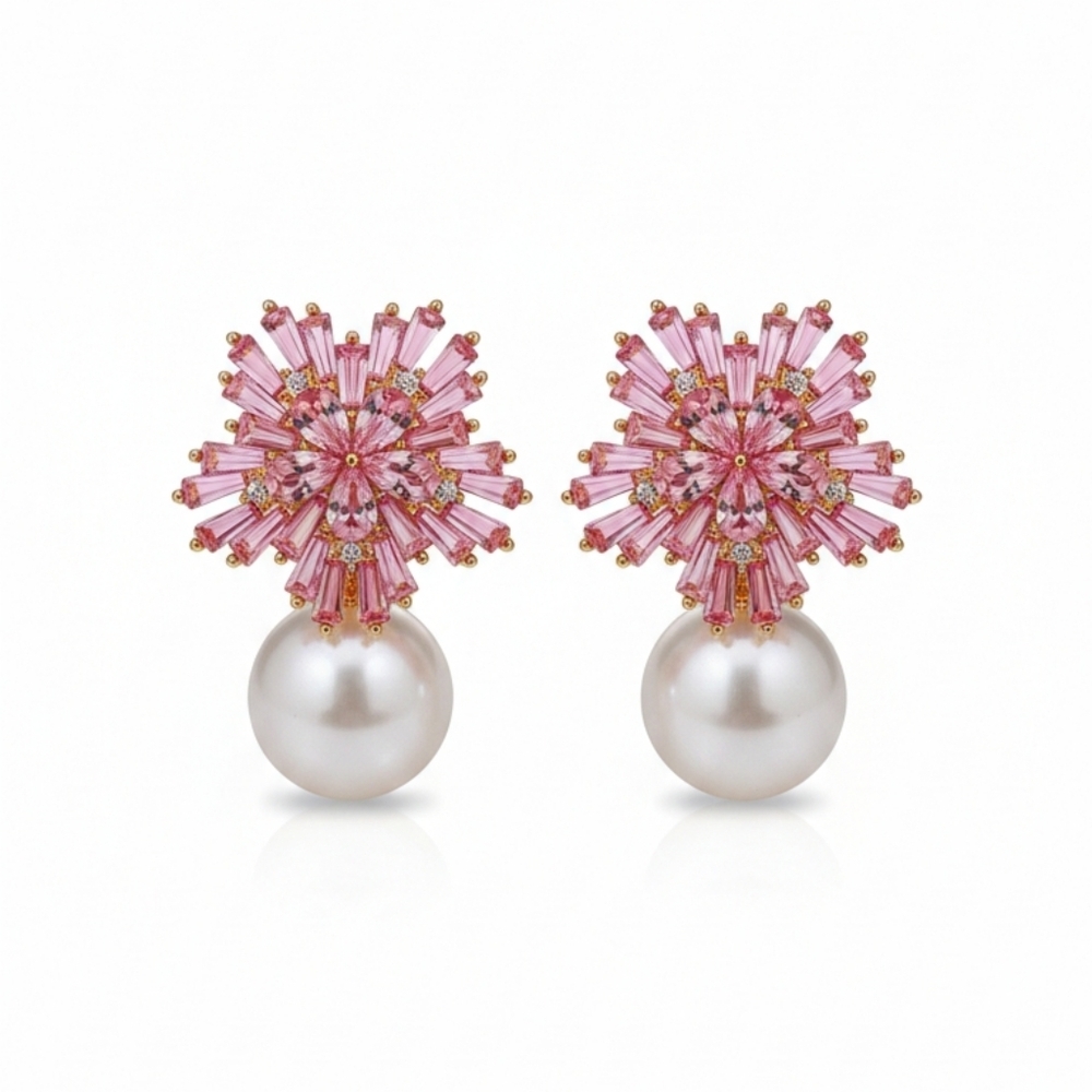 🆕️ Elegant Pink Snow Flake Floral Pearl Earrings